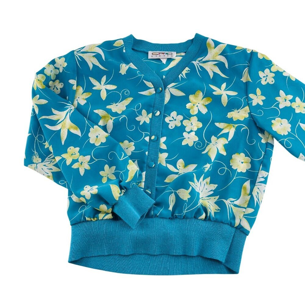 Vintage Eric‎ Steven Floral Teal Cardigan Sweater Womens Size M 100% Acrylic